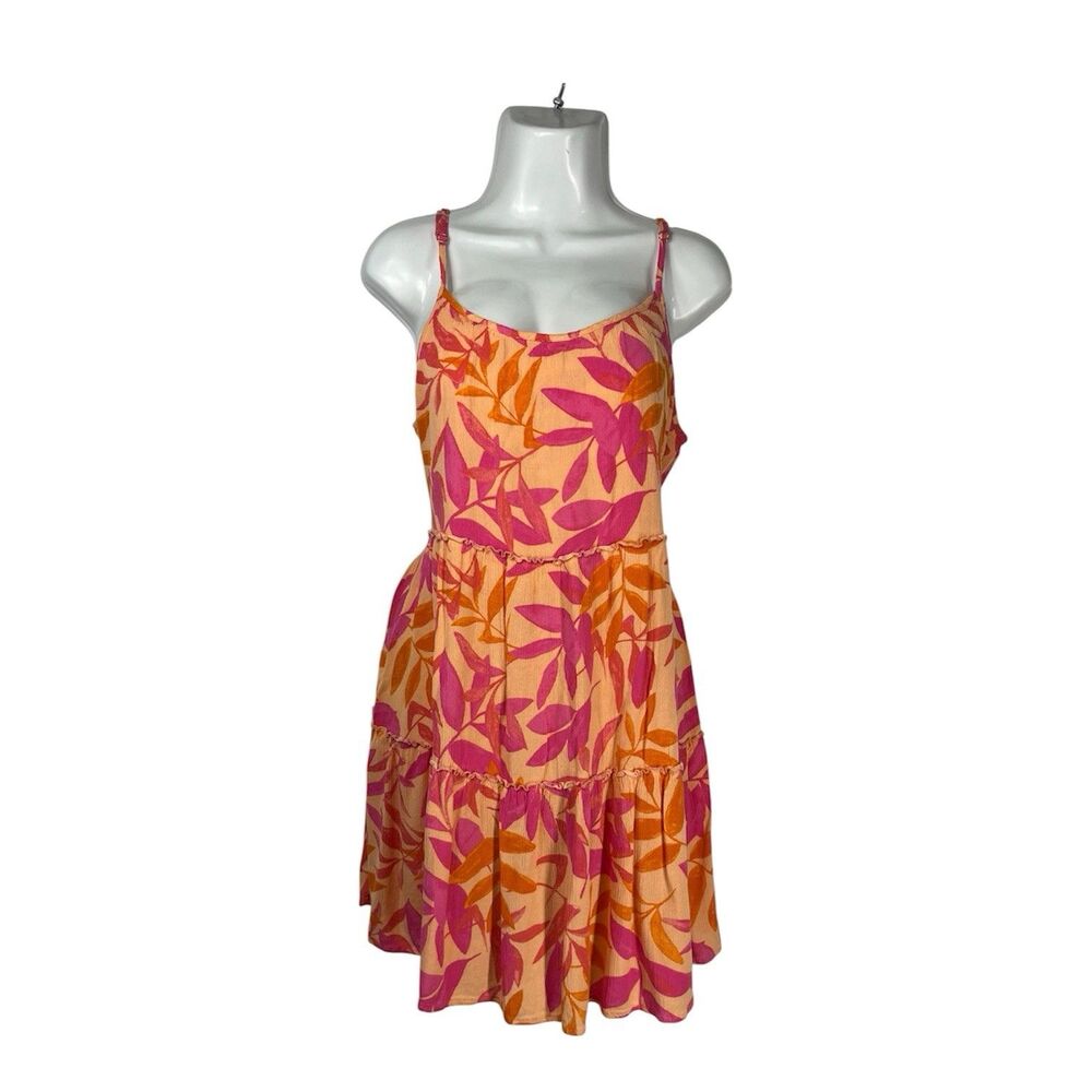 PJ Salvage Dress Medium Tiered Boho Tropical Leaf Pink Orange Sleeveless Summer